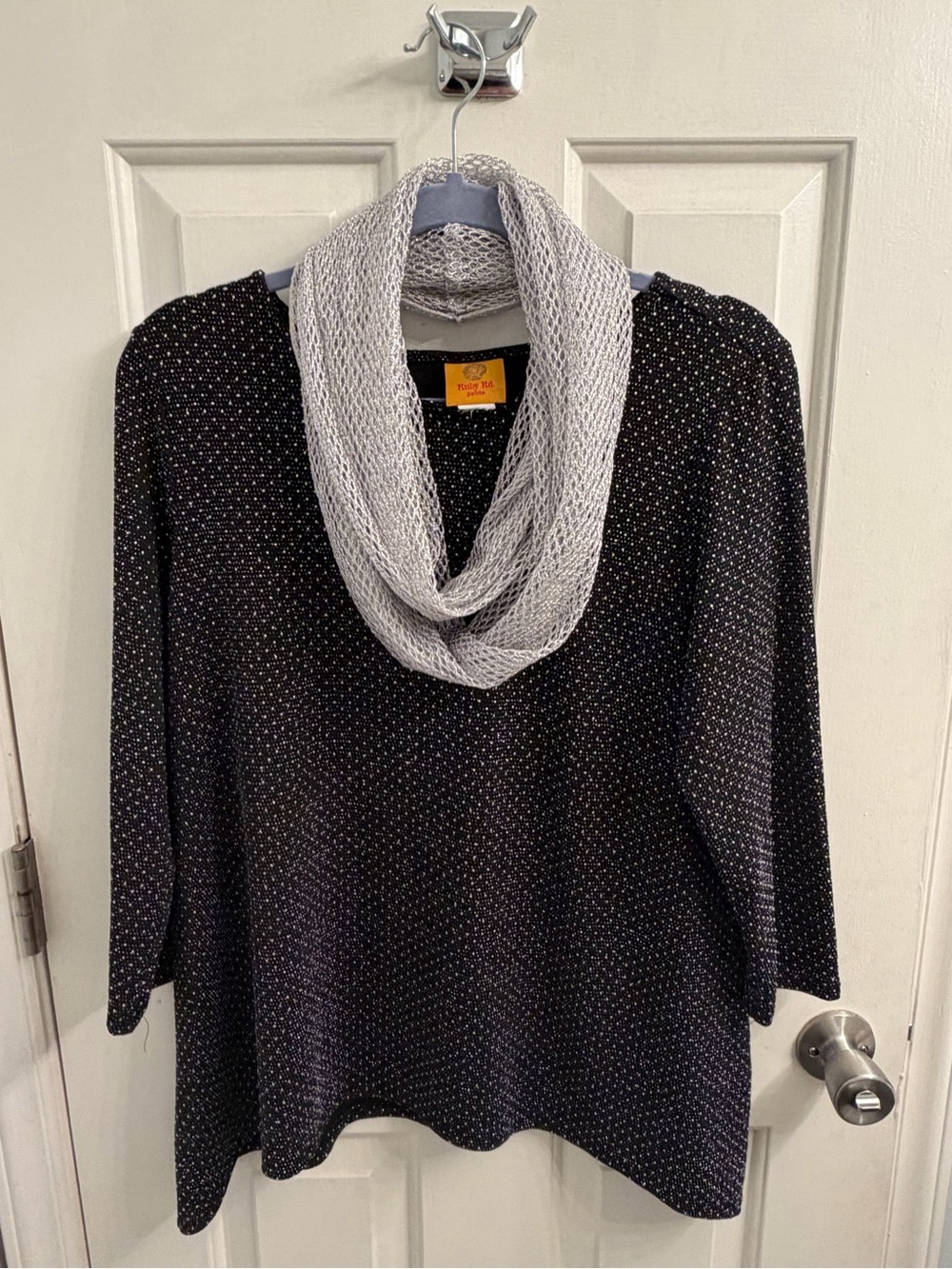 Ruby Rd Black Sparkle Knit Sweater with Silver Scarf